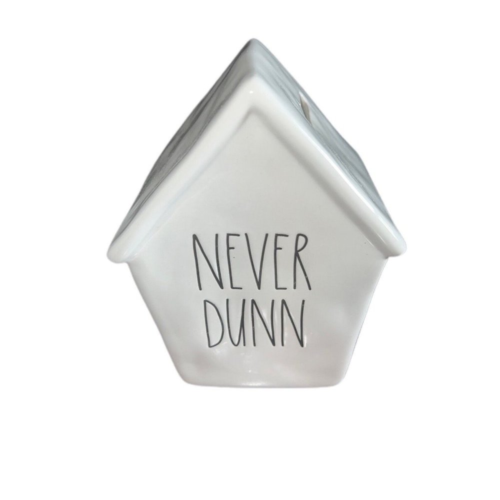 Rae Dunn Birdhouse Coin Bank NEVER DUNN by Magenta White w Black Lettering New